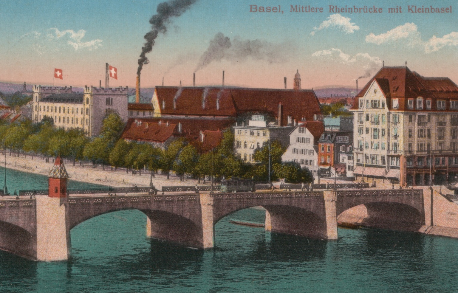 Postkarte Basel Mittlere Brücke mit Kleinbasel von Wikimedia Commons